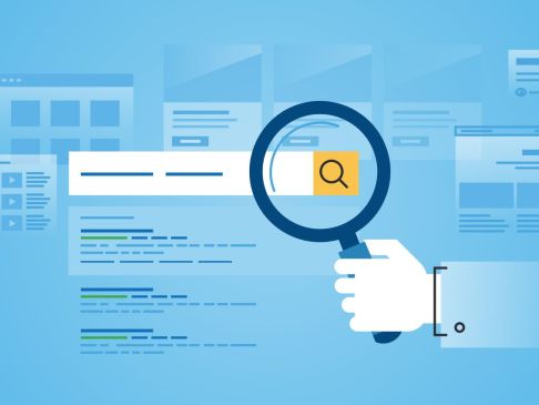 illustration of hand holding magnifying glass doing web search