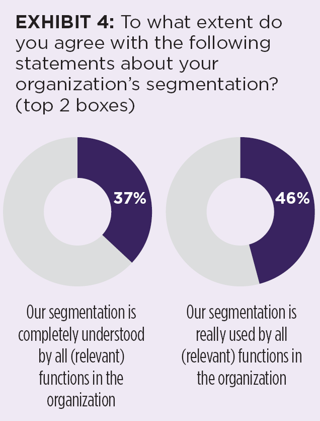 Exhibit 4: Pie charts showing only 37% agree that all functions in their organization understand the segmentation and only 46% agree that all functions use the segmentation
