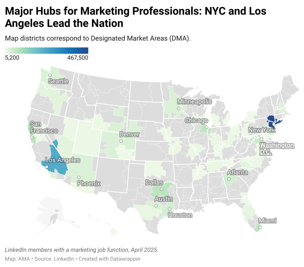 Map of the U.S. showing New York and L.A. as the areas with the nighest number of marketers. 
