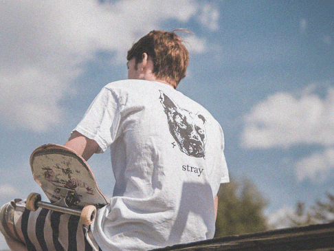 Teenager sitting on top of a wooden structure with a skateboard and a shirt that says "stray" and looking into the distance